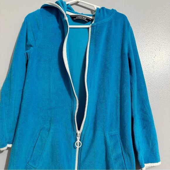 Lands End boy/girl cover-up/robe turquoise with white trim size 5-6 - Picture 2 of 5